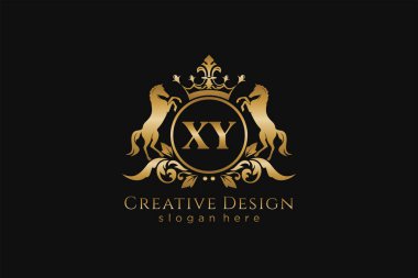 Daire ve iki atlı XY Retro altın arması, parşömen ve kraliyet tacı ile rozet şablonu - lüks markalaşma projeleri için mükemmel.
