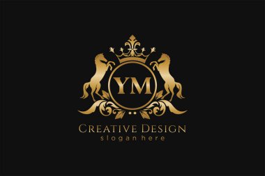 Yuvarlak ve iki atlı YM altın arması, parşömen ve kraliyet tacı ile rozet şablonu - lüks markalaşma projeleri için mükemmel.