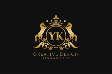 Yuvarlak ve iki atlı YK Retro altın arması, parşömenli rozet şablonu ve kraliyet tacı - lüks markalaşma projeleri için mükemmel.