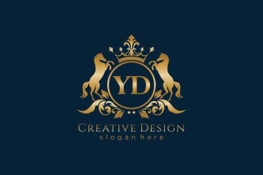 Yuvarlak ve iki atlı YD Retro altın arması, parşömenli rozet şablonu ve kraliyet tacı - lüks markalaşma projeleri için mükemmel.