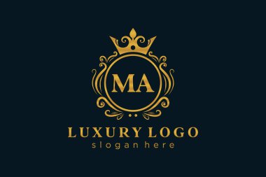 Restoran, Kraliyet Logosu, Butik, Cafe, Otel, Heraldic, Mücevher, Moda ve diğer vektör illüstrasyonları için MA Harfi Kraliyet Logosu şablonu.