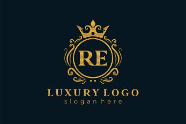 RE Kraliyet Lüks Logosu Restoran, Kraliyet, Butik, Cafe, Otel, Heraldic, Mücevher, Moda ve diğer vektör çizimleri için vektör sanatı şablonu.
