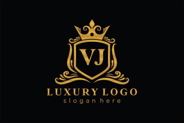 VJ Letter Kraliyet Logosu Restoran, Kraliyet, Butik, Cafe, Otel, Heraldic, Mücevher, Moda ve diğer vektör ilüstrasyonları için vektör sanatı şablonu.
