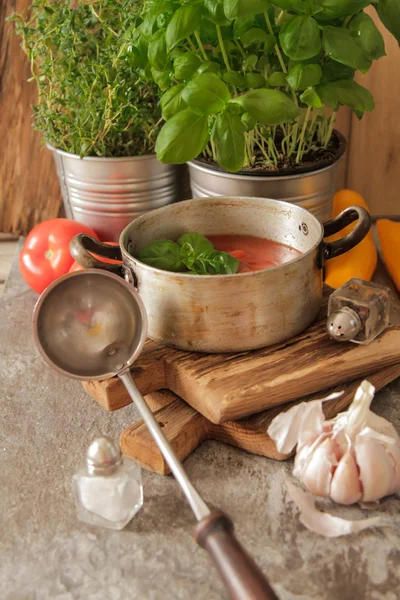 대리석에 냄비에 바 질 토마토 수프 — 스톡 사진