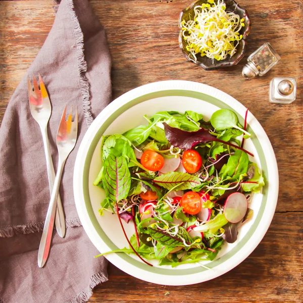 Salad with tomato and radish sprouts for dinner — Stock Photo, Image