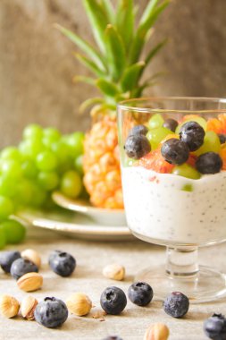 kırmızı portakal, yaban mersini ve antep fıstığı ile yoğurt chia tohum