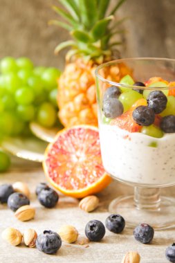 kırmızı portakal, yaban mersini ve antep fıstığı ile yoğurt chia tohum