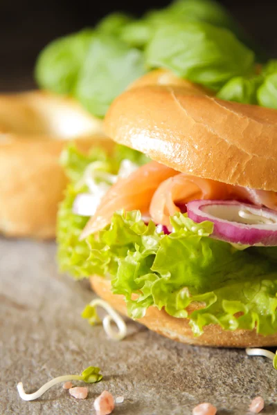 Bagel con salmón y brotes germinados sal rosa — Foto de Stock