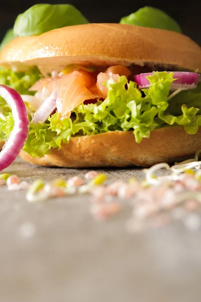 Bagel con salmón y brotes germinados sal rosa — Foto de Stock