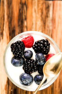 Bütün taze yaban mersini ile beyaz yoğurt hizmet 