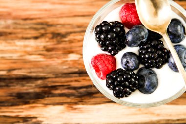 Bütün taze yaban mersini ile beyaz yoğurt hizmet 