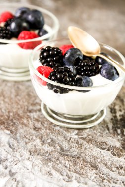 Bütün taze yaban mersini ile beyaz yoğurt hizmet 