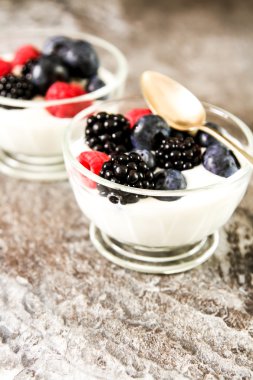 Bütün taze yaban mersini ile beyaz yoğurt hizmet 