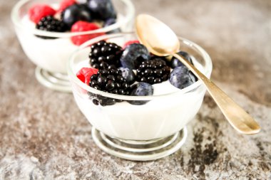 Bütün taze yaban mersini ile beyaz yoğurt hizmet 