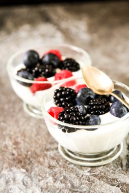 Bütün taze yaban mersini ile beyaz yoğurt hizmet 