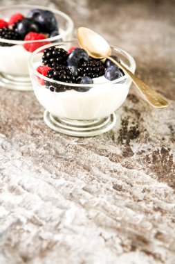 Bütün taze yaban mersini ile beyaz yoğurt hizmet 