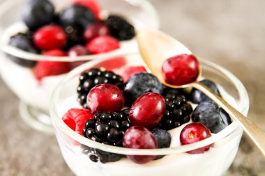 Bütün taze yaban mersini ile beyaz yoğurt hizmet 