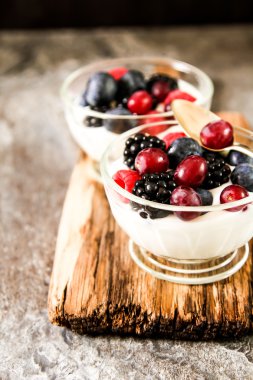 Bütün taze yaban mersini ile beyaz yoğurt hizmet 