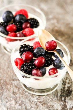 Bütün taze yaban mersini ile beyaz yoğurt hizmet 