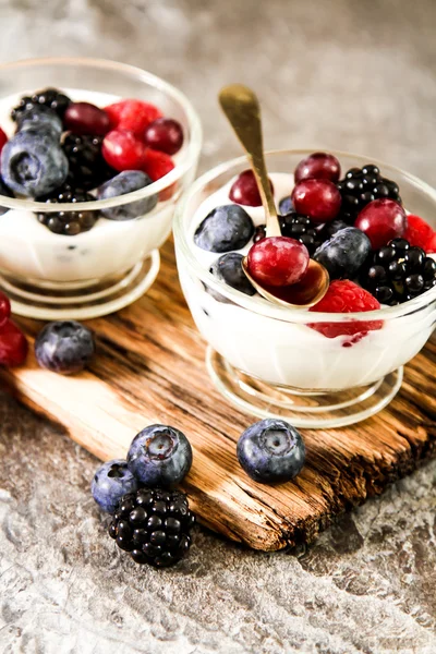 Подача белого йогурта с цельной свежей черникой — стоковое фото