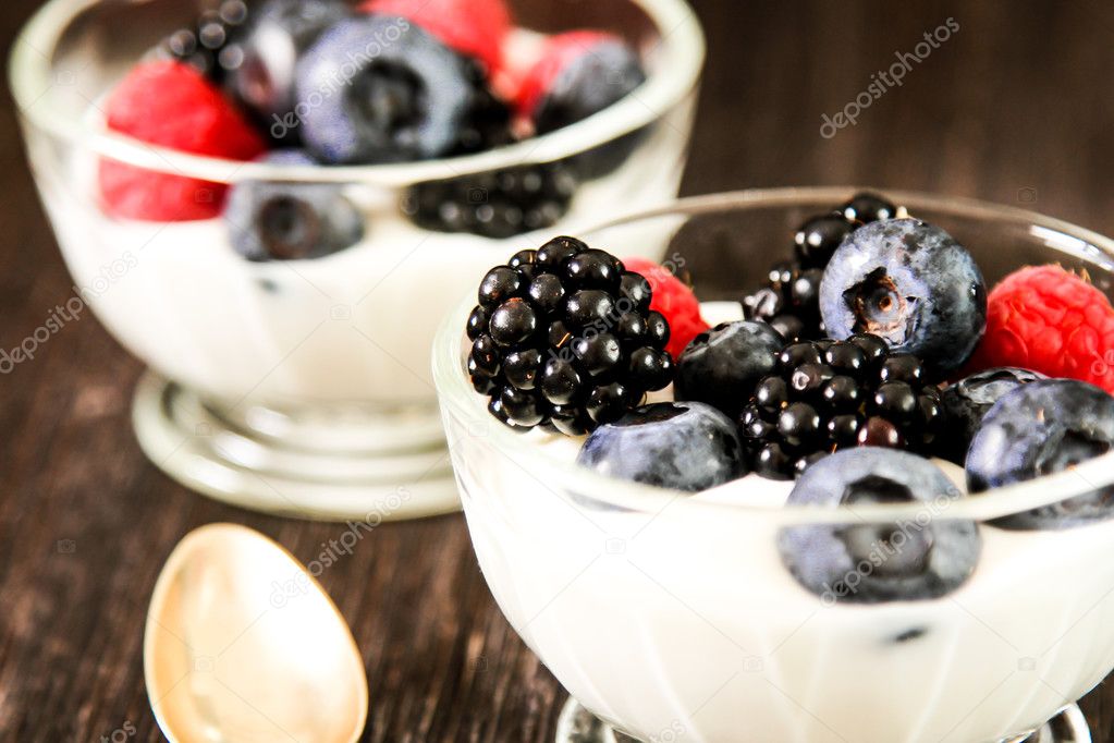 Serving of white Yogurt with Whole Fresh Blueberries 