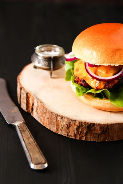Heerlijke verse zelfgemaakte Hamburger op donkere portie bord met pittige — Stockfoto