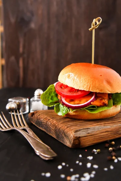 Heerlijke verse zelfgemaakte Hamburger op donkere portie bord met pittige — Stockfoto