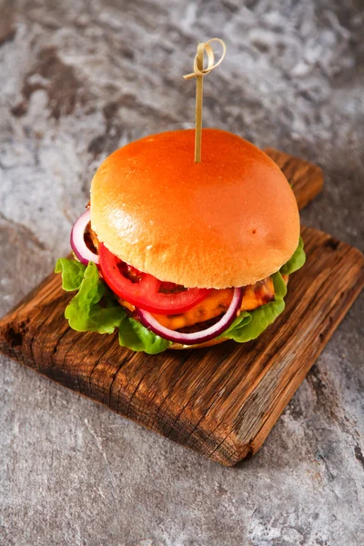 A fűszeres paradicsomos mártással és marha finom friss házi burger — Stock Fotó