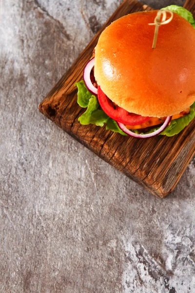 Köstliche frische hausgemachte Burger mit würziger Tomatensauce und Rindfleisch — Stockfoto