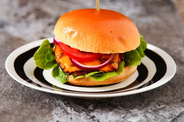 Heerlijke verse zelfgemaakte hamburger met pittige tomatensaus en rundvlees — Stockfoto