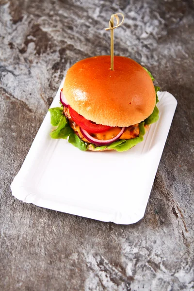 A fűszeres paradicsomos mártással és marha finom friss házi burger — Stock Fotó