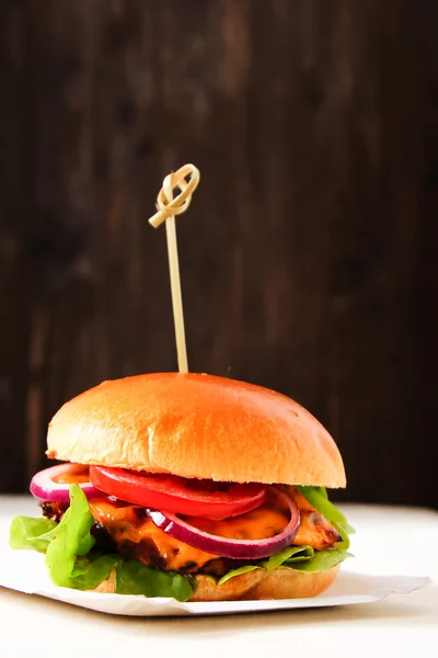 Heerlijke verse zelfgemaakte hamburger met pittige tomatensaus en rundvlees — Stockfoto