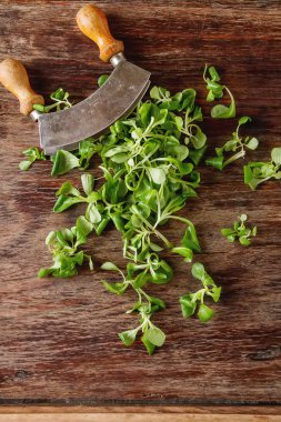 Rustik koyu mezzaluna ile ahşap üzerine taze organik salata