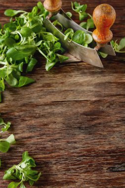 Rustik koyu mezzaluna ile ahşap üzerine taze organik salata