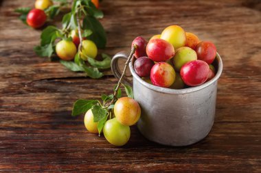 Olgun Erik bir alüminyum kupa. Koyu ahşap arka plan