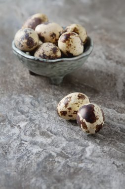 Eski gri plaka üzerinde küçük bıldırcın yumurtası. Gri taş arka plan