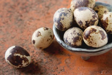 Eski gri plaka üzerinde küçük bıldırcın yumurtası. Kırmızı taş zemin