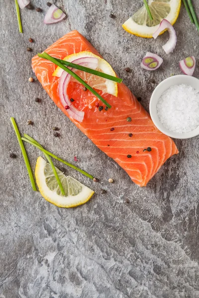 One piece of fresh salmon with lemon pepper and salt. Grey stone — Stock Photo, Image