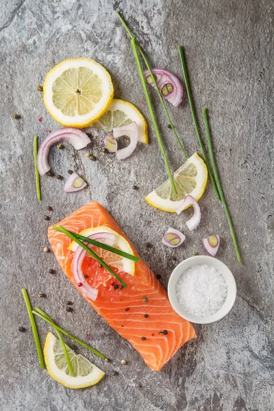 One piece of fresh salmon with lemon pepper and salt. Grey stone — Stock Photo, Image