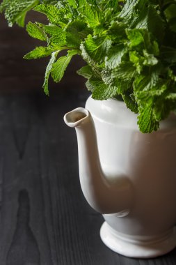 Bahçe vintage çaydanlık nane fışkın. Koyu ahşap arka plan