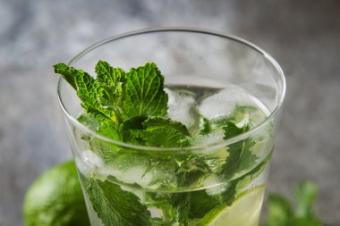 Cam tankı mojito ve kokteyller için malzemeler. Taze nane, lim