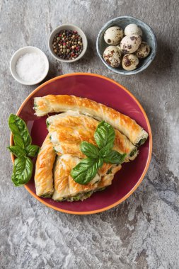 Geleneksel ev yapımı Yunan peynir, ıspanak pasta kırmızı plaka üzerinde. G