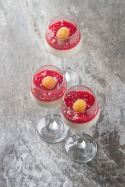 İtalyan tatlı. Vanilla panna cotta ile Ahududu reçeli. Taş b