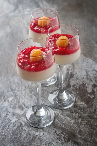 Italský dezert. Vanilková panna cotta s malinovou marmeládou. Kámen b — Stock fotografie
