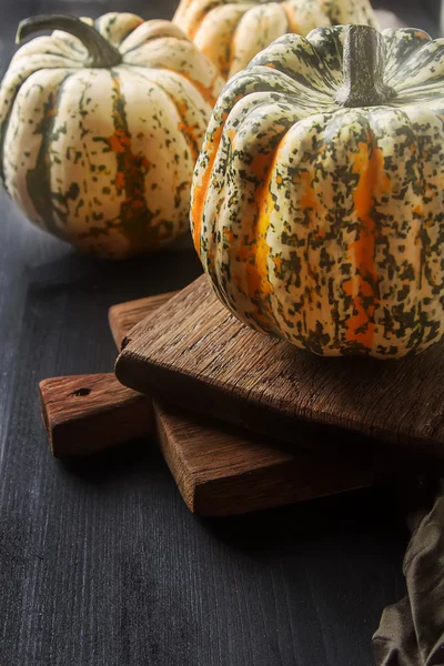 Halloween symbol. Ripe pumpkins on the farm with a dark cloth. B — Stock Photo, Image