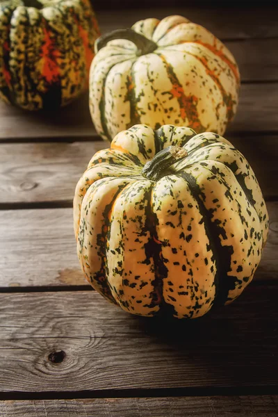 Símbolo de Halloween. Abóboras maduras da fazenda no javali de madeira — Fotografia de Stock