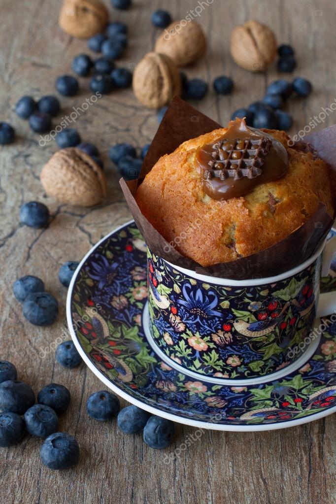 Chocolate and vanilla Lemon muffins with blueberries and walnuts