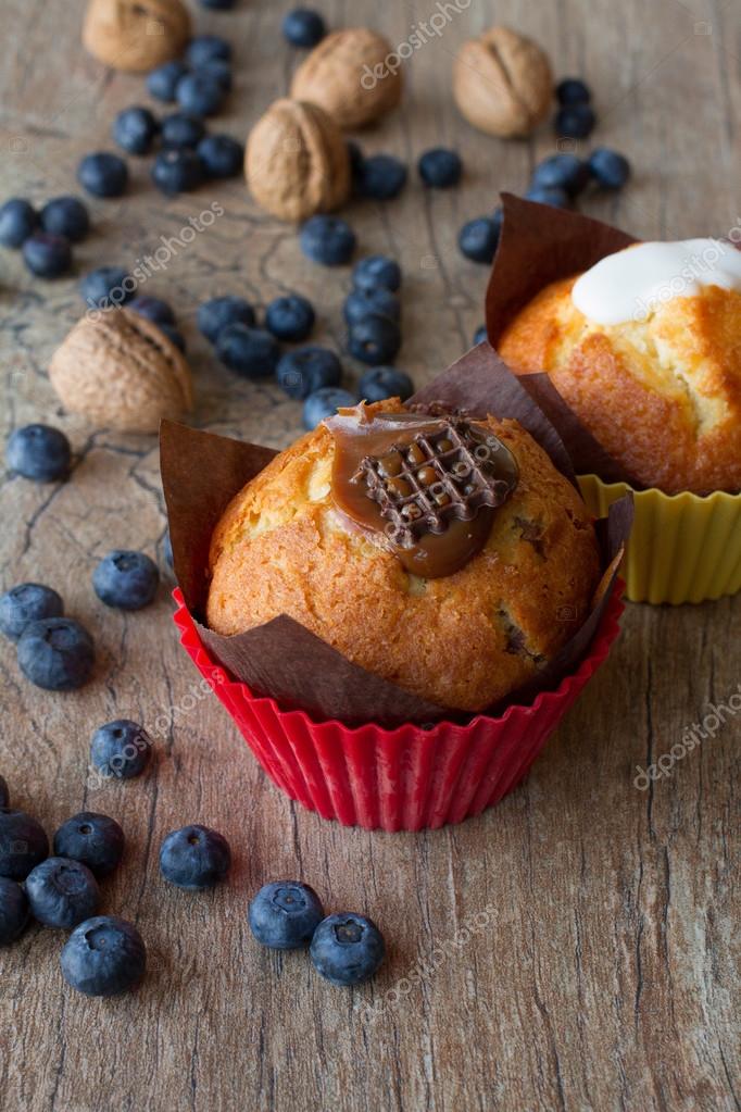 Chocolate and vanilla Lemon muffins with blueberries and walnuts