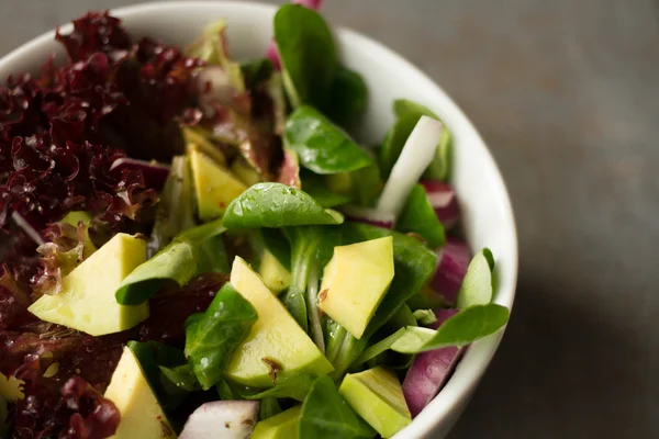 Салат с листьями авокадо и луком. на обед в качестве диеты — стоковое фото