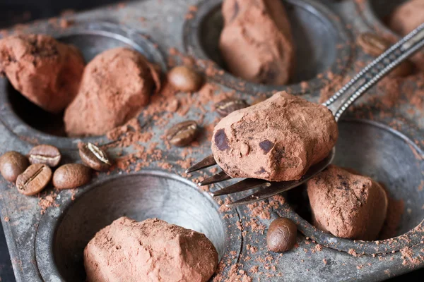 Chocolate truffles in an unusual shape with metal cutlery — Stock Photo, Image